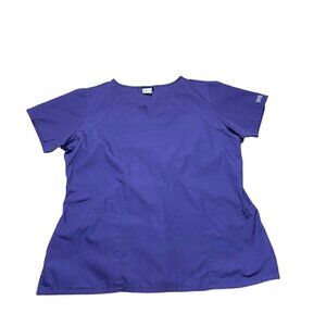 CHEROKEE Scrubs Purple Top V-Neck Pockets Gathered Back Short Sleeve Size Large